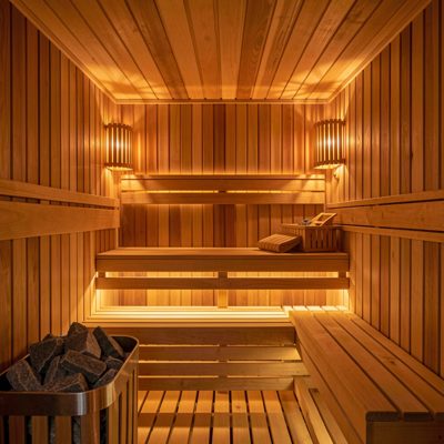a sauna interior with wooden benches and warm light