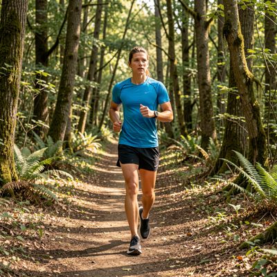 a person walking a woodland trail for exercise
