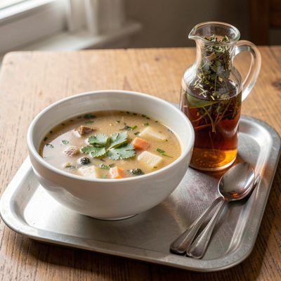 a bowl of soup and herbal tea on a tray