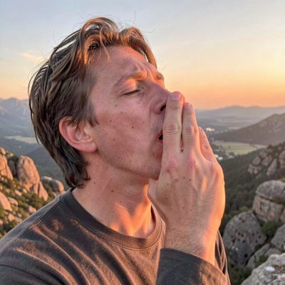 a person taking a deep breath outdoors at dawn