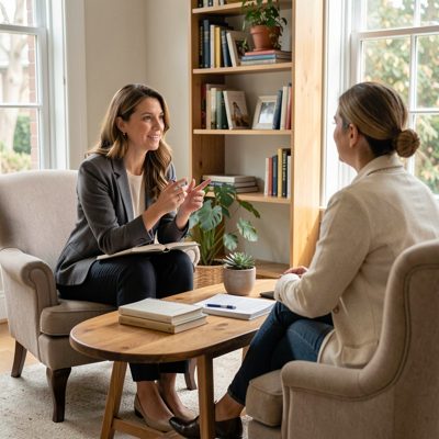 a counsellor and client seated in armchairs
