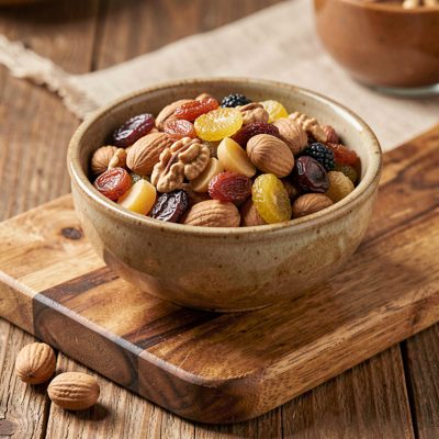 a bowl of nuts and dried fruit on a wooden board