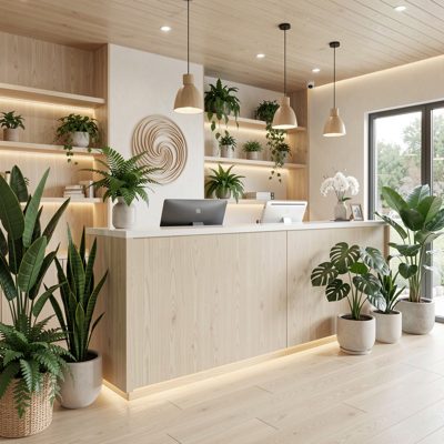 a wellness reception with plants and pale wood