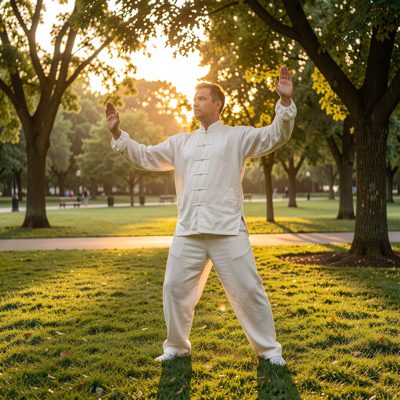 a person doing tai chi in a park at sunrise