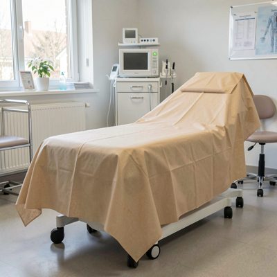 a treatment couch with paper covering in a clinic