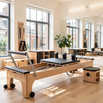 a pilates reformer in a bright studio