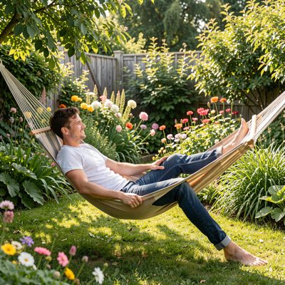a person resting in a hammock in a garden