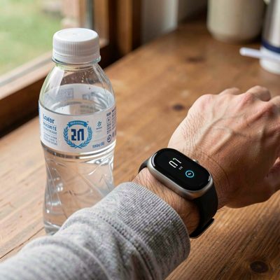 a fitness tracker on a wrist beside a water bottle
