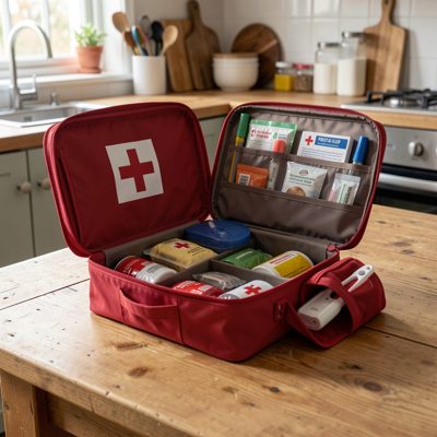a first aid kit open on a kitchen table