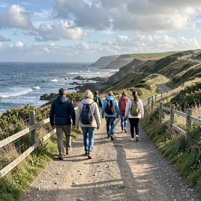 a group walking together along a coastal path