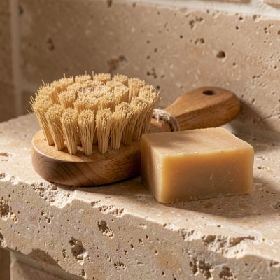 a wooden bath brush and soap on a stone ledge