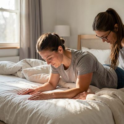 a person doing gentle stretches beside a bed