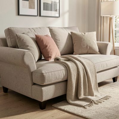 a sofa with cushions and a folded throw