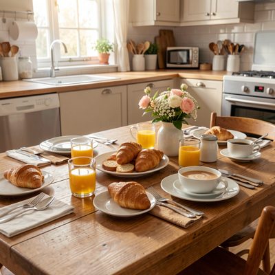 a kitchen table set for breakfast