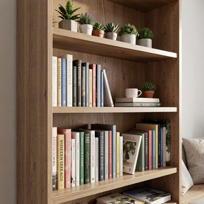 a bookshelf with books and small plants