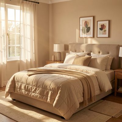 a bedroom with morning light across the duvet