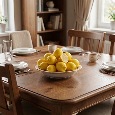 a dining table with a bowl of lemons