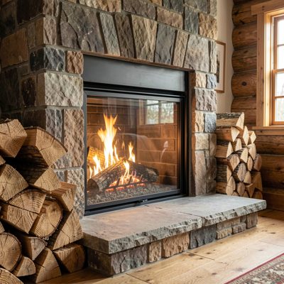 a fireplace with logs stacked beside it