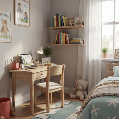 a child's bedroom with a small desk