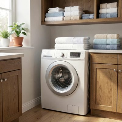 a laundry room with folded towels