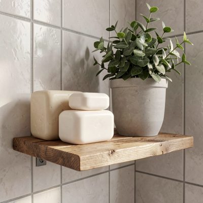 a bathroom shelf with soap and a plant
