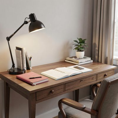 a home office desk with a lamp and notebooks