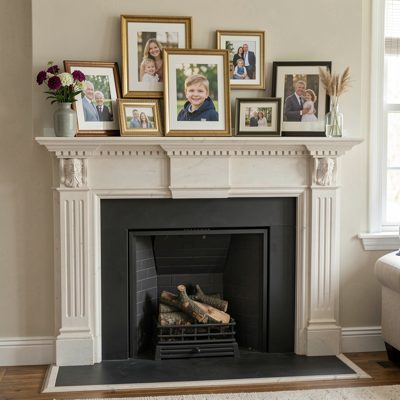 a mantelpiece with framed photographs