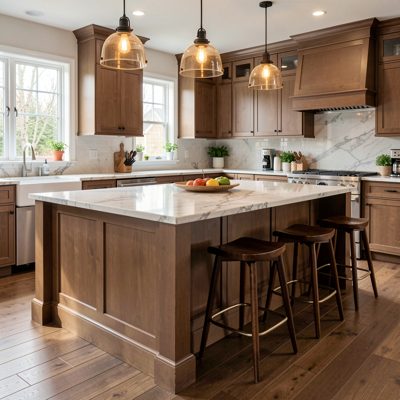 a kitchen island with stools tucked under