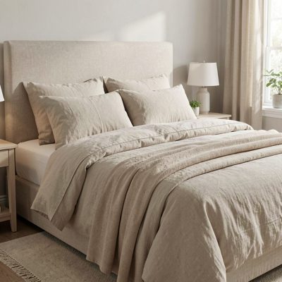 a bed made with linen sheets and pillows