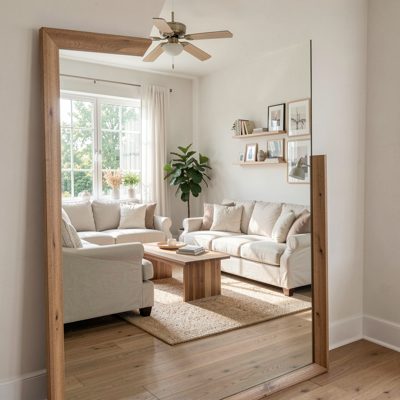 a mirror reflecting a bright living room