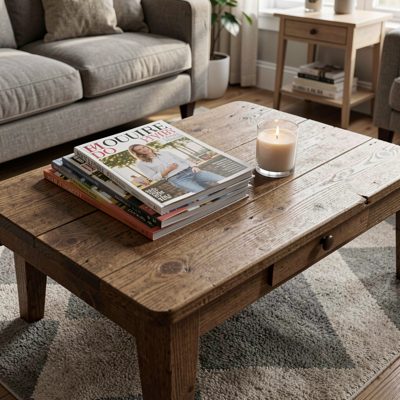 a coffee table with magazines and a candle
