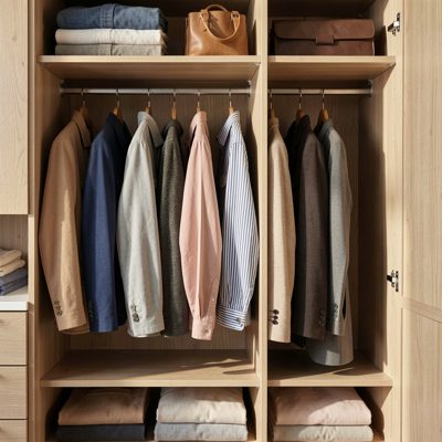 a wardrobe with clothes neatly hung