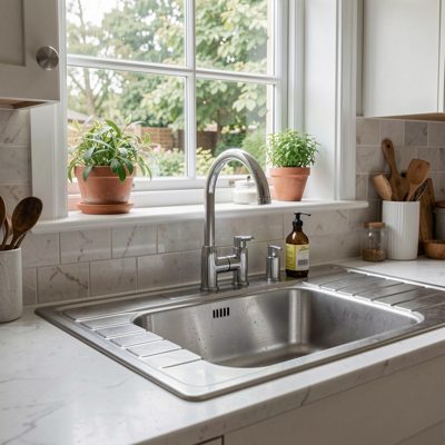 a kitchen sink with a window above it