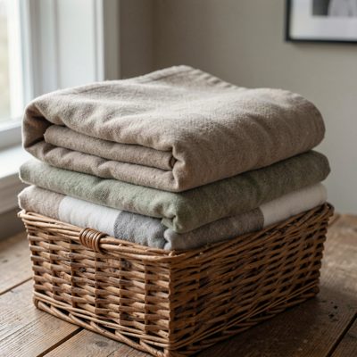 a stack of folded blankets in a basket