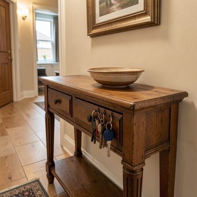a hallway console with keys and a bowl