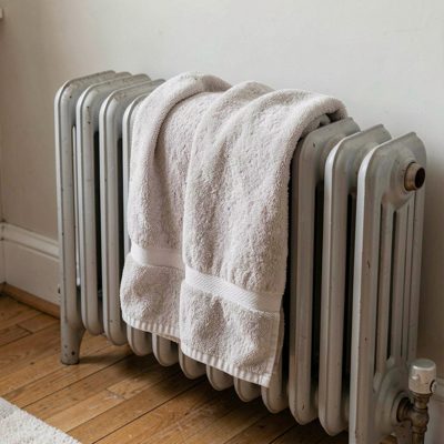a radiator with a towel drying over it