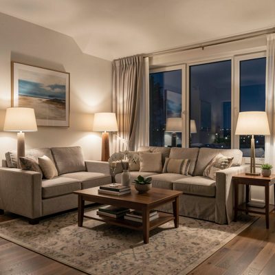 a living room at night with lamps on