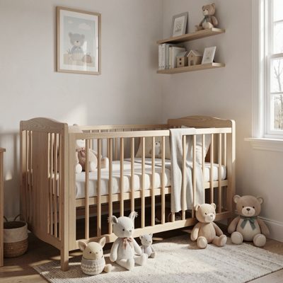 a nursery with a cot and soft toys