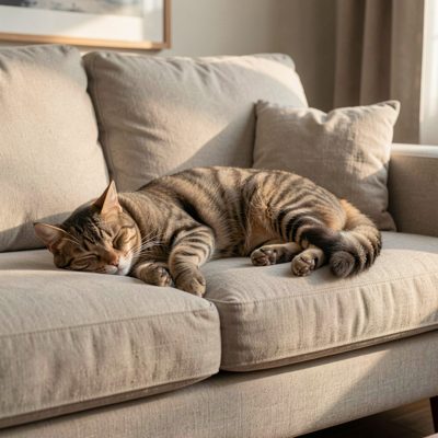a sofa with a cat asleep on one end