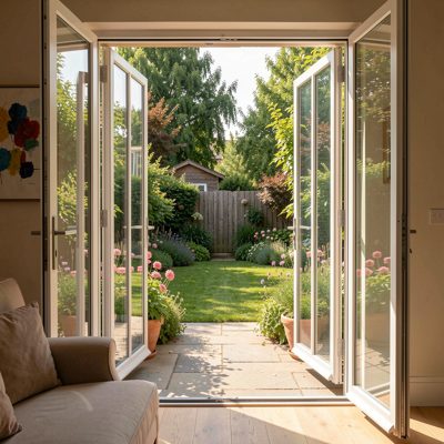 a garden view through open patio doors