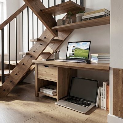 a workspace under the stairs with a laptop