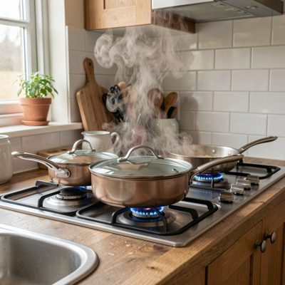 a kitchen with pans on a hob and steam rising