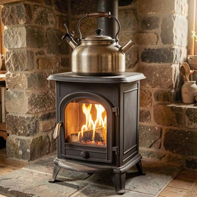a wood burner with a kettle on top