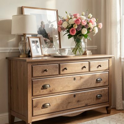 a chest of drawers with a vase of flowers