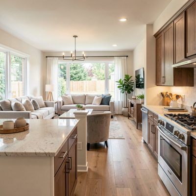 an open plan living space seen from the kitchen