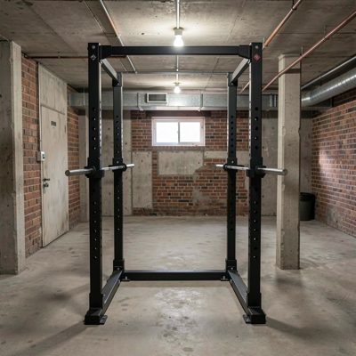 an open frame two post rack standing in a basement