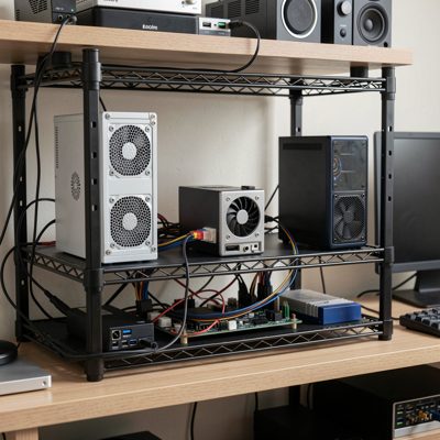 a home lab rack with three mini pcs on a shelf