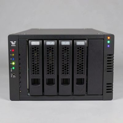 a desktop nas with four drive bays and status lights