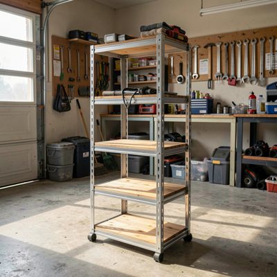 a short depth rack standing in a garage