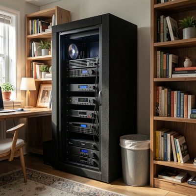 a soundproofed rack cabinet in a home study
